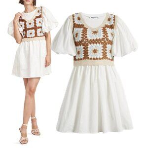 En Saison Evie Crochet Overlay Puff Sleeve A-Line Mini Dress (Off White)